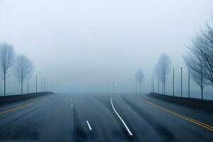 Empty city road covered in fog, misty asphalt road on a winter morning generated by Ai photo