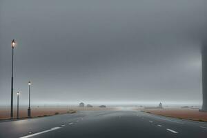 Empty city road covered in fog, misty asphalt road on a winter morning generated by Ai photo