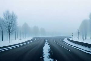 Empty city road covered in fog, misty asphalt road on a winter morning generated by Ai photo