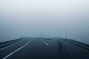 vacío ciudad la carretera cubierto en niebla, brumoso asfalto la carretera en un invierno Mañana generado por ai foto