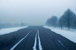 vacío ciudad la carretera cubierto en niebla, brumoso asfalto la carretera en un invierno Mañana generado por ai foto