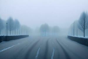 Empty city road covered in fog, misty asphalt road on a winter morning generated by Ai photo