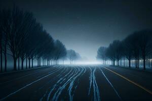 Empty city road covered in fog, misty asphalt road on a winter morning generated by Ai photo