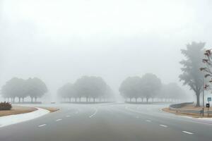 vacío ciudad la carretera cubierto en niebla, brumoso asfalto la carretera en un invierno Mañana generado por ai foto