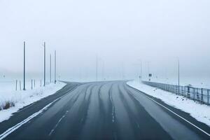 Empty city road covered in fog, misty asphalt road on a winter morning generated by Ai photo