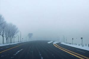 vacío ciudad la carretera cubierto en niebla, brumoso asfalto la carretera en un invierno Mañana generado por ai foto