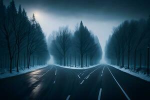 Empty city road covered in fog, misty asphalt road on a winter morning generated by Ai photo