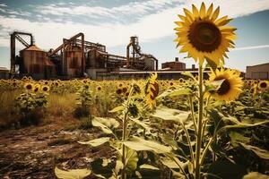 Sunflowers against the backdrop of an abandoned factory. A sunflower field thriving on a reclaimed industrial site. Ai generative photo