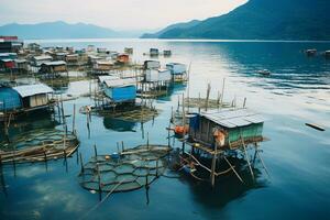 granja para creciente pescado y fruto de mar. pescadores cheque su captura en su redes un pescar pueblo abrazando sostenible acuicultura practicas ai generativo foto