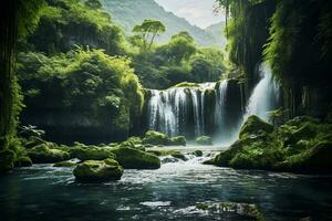 A picturesque waterfall flowing through a nature reserve with dense green vegetation and endangered plant species. Ai generative photo