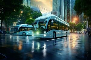 Electric buses move along a busy city street with zero emissions. A modern driverless bus on the street of a future green city. A futuristic city with electric public transport. Ai generative photo