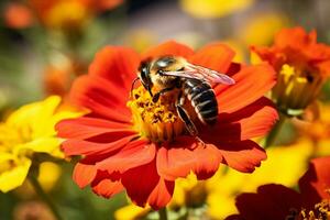 miel abeja coleccionar néctar y polen desde un vistoso flor silvestre en un prado en un soleado día Mañana. ai generativo foto