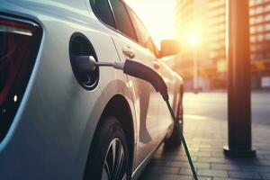 A hybrid electric car silently charging at a charging station. The car uses clean energy without harming the environment. Ai generative photo