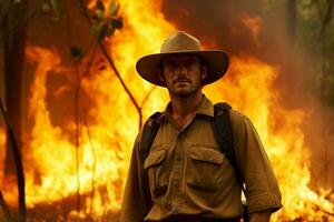 A forest ranger maintaining a controlled burn for ecosystem health. Extinguishing a forest fire. Natural disaster. Ai generative photo