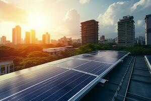 Solar panels generating clean energy glisten on city rooftops. Ai generative photo