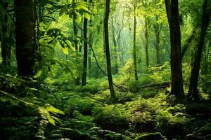 Lush green forest with diverse flora. Tall majestic trees and small bushes and ferns. The sun's rays break through the dense crown of trees. Ai generative photo