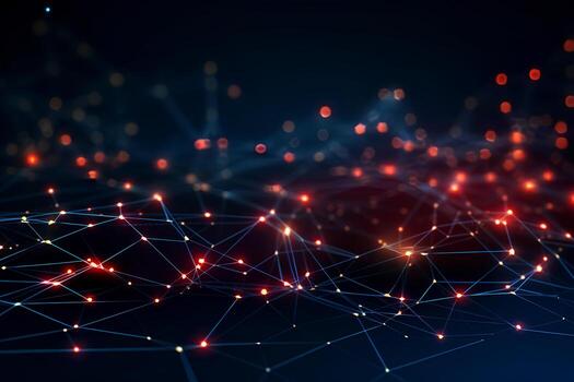 Technology abstract network with a cyber network grid and connected particles. Big data visualization. Digital dots and lines. AI Generative photo