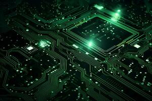 Detailed view of a contemporary circuit board with CPU, microchip, and components, perfect for tech presentations and illustrations. AI Generative photo