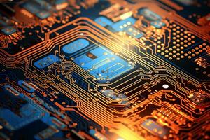 Detailed view of a contemporary circuit board with CPU, microchip, and components, perfect for tech presentations and illustrations. AI Generative photo