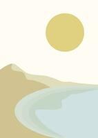 Seaside and dunes landscape illustration printed poster. Minimalistic vector cartoon lake and mountains