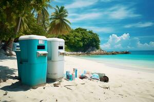 A pristine beach with crystal-clear waters and a recycling station. Ai generative photo