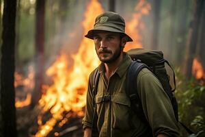 A forest ranger maintaining a controlled burn for ecosystem health. Extinguishing a forest fire. Natural disaster. Ai generative photo