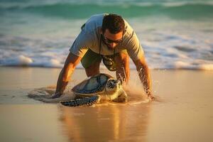 Conservationist releases rehabilitated sea turtles into the ocean. Ai generative photo