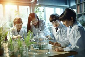 A group of students participating in a renewable energy science project. Schoolchildren perform laboratory work in Chemistry and Physics. Ai generative photo