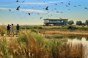 A nature reserve with birdwatchers observing rare migratory species of birds. Ai generative photo