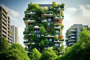 A modern green skyscraper covered in vertical gardens. The balconies of the residential building are planted with green plants. Purifying the air with the help of plants in the city. Ai generative photo