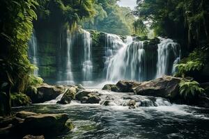 A picturesque waterfall flowing through a nature reserve with dense green vegetation and endangered plant species. Ai generative photo