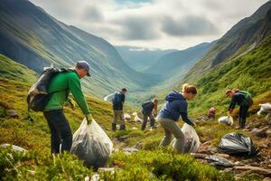 un grupo de voluntarios recoge basura en contra el fondo de majestuoso montañas. personas recoger basura. limpieza día. ambiental contaminación. ai generativo foto
