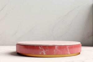 Abstract cylinder pedestal podium display. Red and pink marble with gold details. Product presentation, mock up, show natural cosmetic product. Ai generative photo
