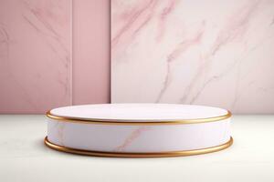 Abstract cylinder pedestal podium display. Pink and white marble with gold details. Product presentation, mock up, show natural cosmetic product. Ai generative photo