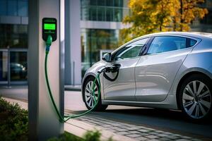 A hybrid electric car silently charging at a charging station. The car uses clean energy without harming the environment. Ai generative photo