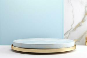 Abstract cylinder pedestal podium display. Blue marble with gold details. Product presentation, mock up, show natural cosmetic product. Ai generative photo