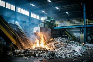 Waste sorting plant. Recycling and storage of waste for further disposal. Clean and organized waste separation facility in action. Ai generative photo