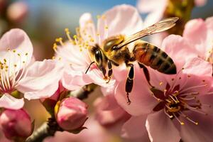 Honey bee collecting nectar and pollen from a colorful wildflower on a meadow on a sunny day morning. Ai generative photo