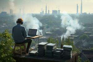 un investigador estudiando aire calidad en un urbano ambiente. ai generativo foto