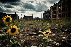 Sunflowers against the backdrop of an abandoned factory. A sunflower field thriving on a reclaimed industrial site. Ai generative photo