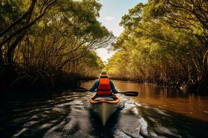 A kayak tour along a river with clear water among the treetops. Eco-friendly holiday without harming the environment. Ai generative photo