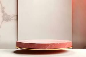 Abstract cylinder pedestal podium display. Red and pink marble with gold details. Product presentation, mock up, show natural cosmetic product. Ai generative photo