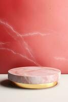 Abstract cylinder pedestal podium display. Red and pink marble with gold details. Product presentation, mock up, show natural cosmetic product. Ai generative photo
