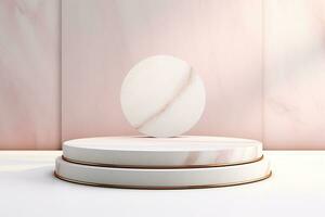resumen cilindro pedestal podio mostrar. rosado y blanco mármol con oro detalles. producto presentación, burlarse de arriba, espectáculo natural cosmético producto. ai generativo foto