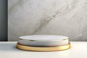 Abstract cylinder pedestal podium display. Gray marble with gold details. Product presentation, mock up, show natural cosmetic product. Ai generative photo