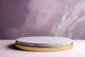 Abstract cylinder pedestal podium display. Violet marble with gold details. Product presentation, mock up, show natural cosmetic product. Ai generative photo