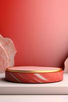 Abstract cylinder pedestal podium display. Red and pink marble with gold details. Product presentation, mock up, show natural cosmetic product. Ai generative photo
