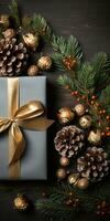 Christmas New Year card background with fir branches, cones, balls, gift box and ribbons. Flat lay. Ai generative photo