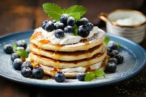 Gourmet Breakfast Pancakes with Ricotta and Blueberries. Ai Generative photo