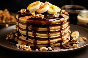 Stack of Delicious Banana Pancakes with Banana Garnish. Ai Generative photo